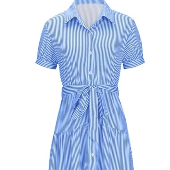 Flowy Blue & White Long Women's Casual Striped Dress M/L - Picture 3 of 8